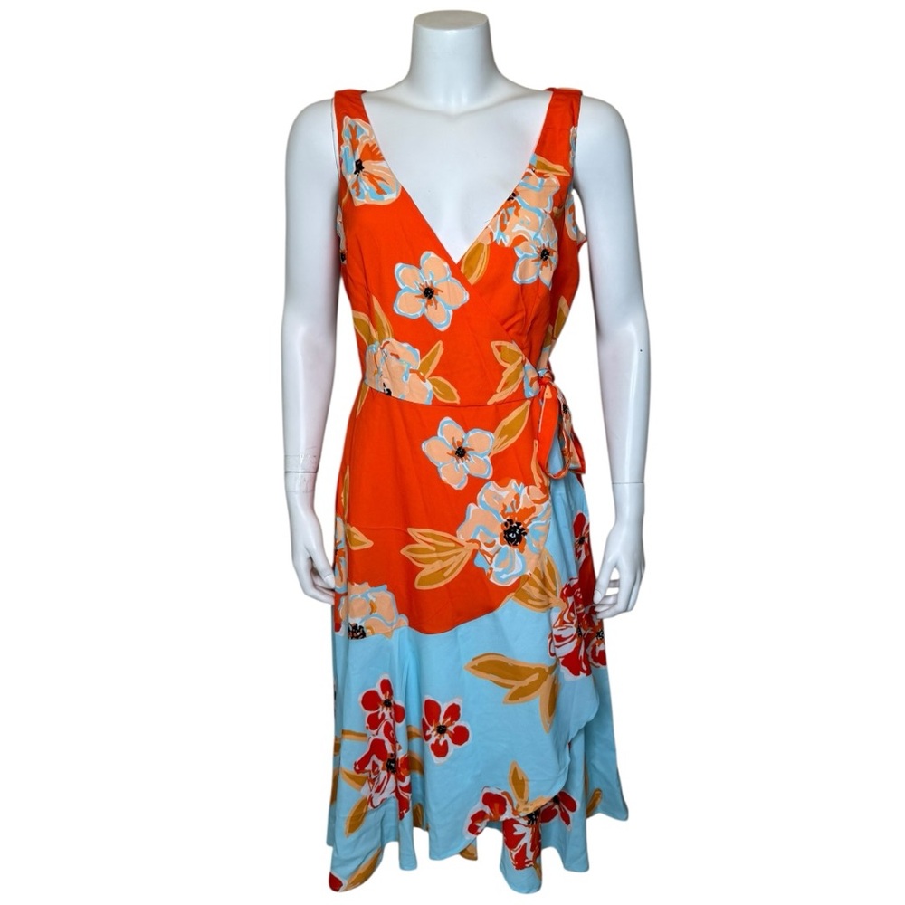 Eshakti Floral Print Crepe Wrap Dress L 12 Midi Sundress Pockets Sleeveless